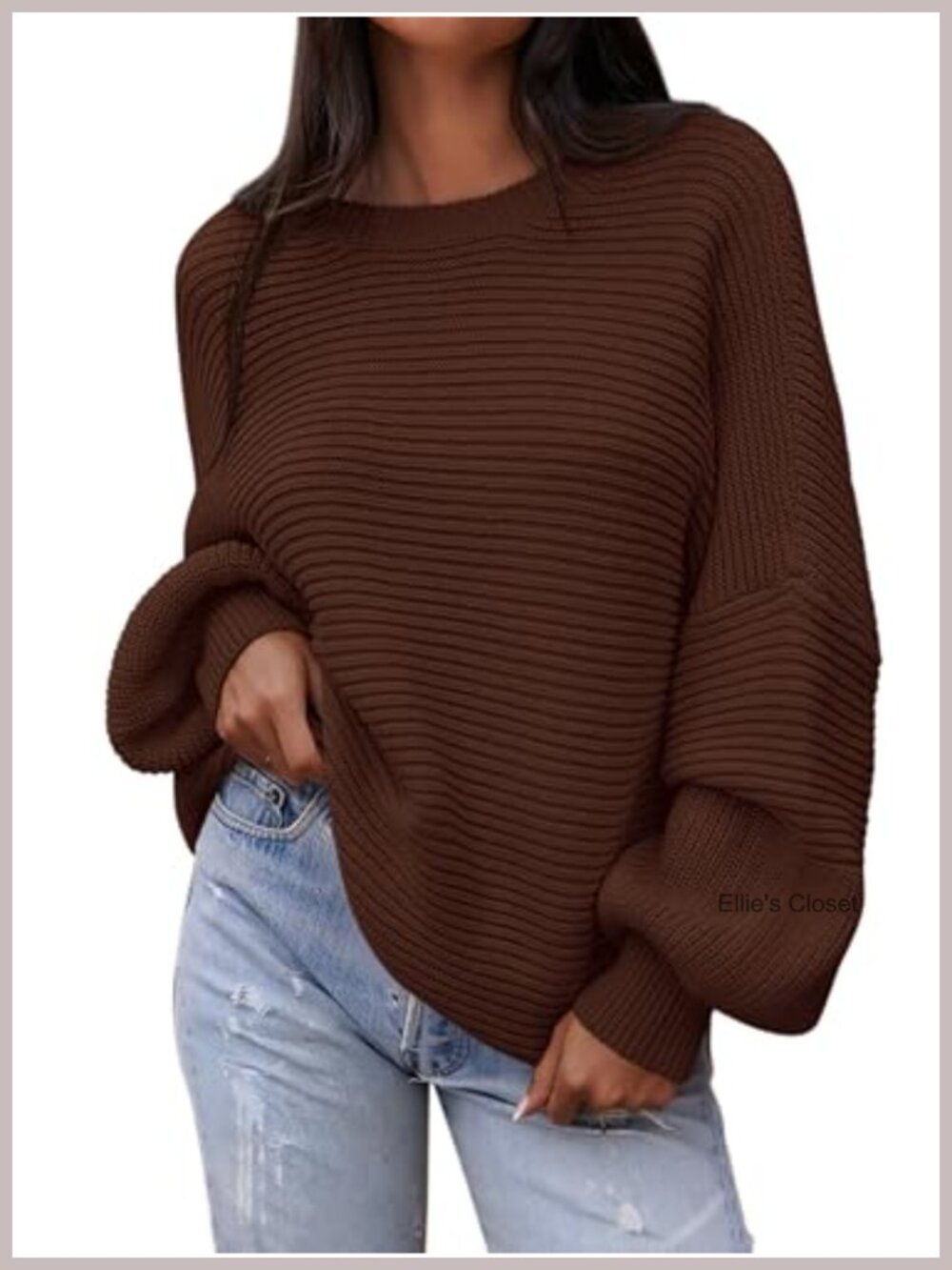 Oversized Lantern Sleeve Chunky Knit Pullover Sweater for Women